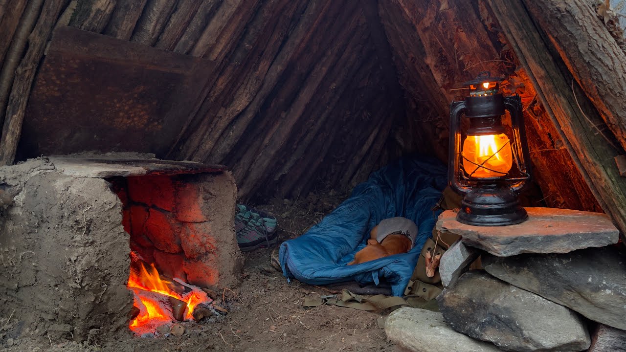 SOLO Two Days CAMPING at My BUSHCRAFT Camp - Sleep In EARTH SHELTER - Cook Big Steak on Mud Stove