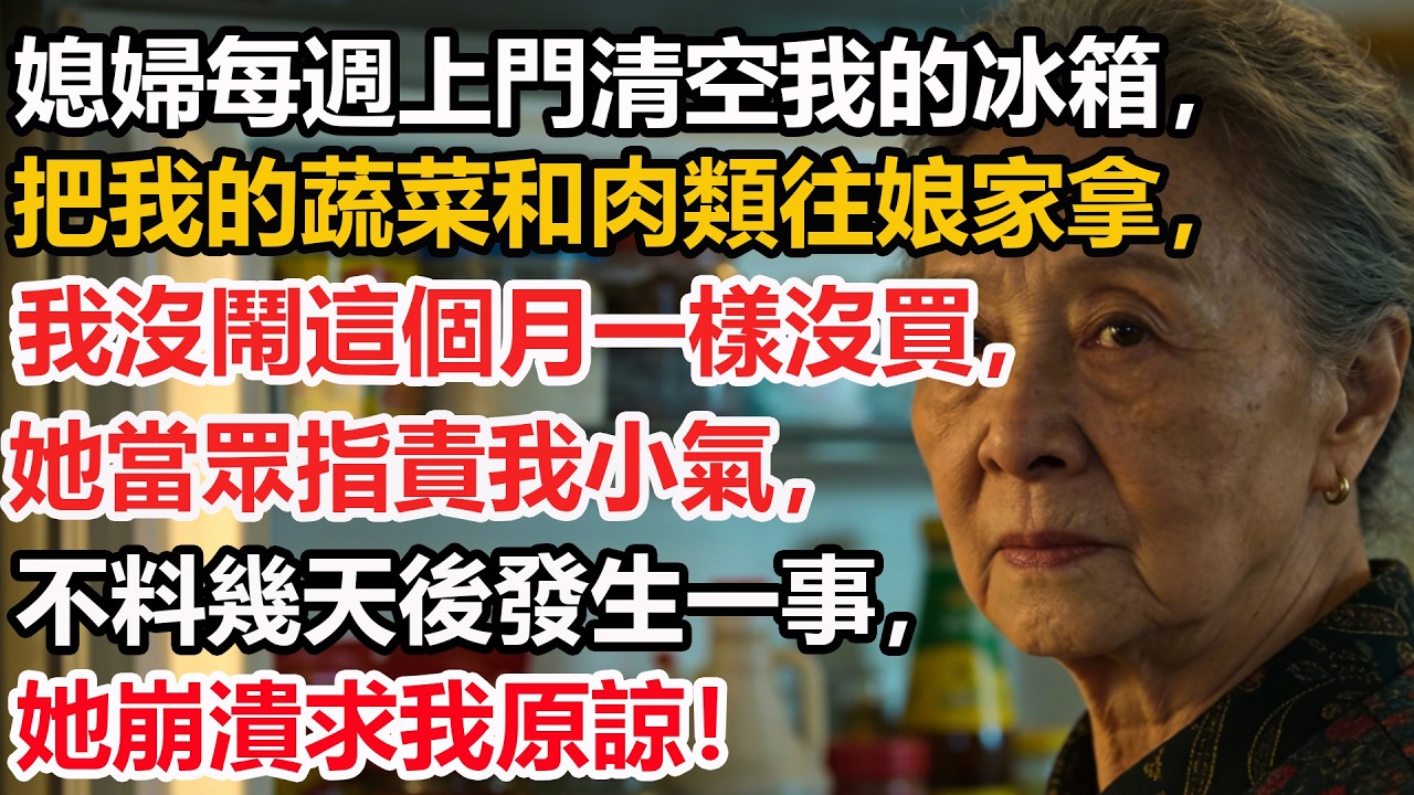 媳婦每週上門清空我的冰箱，把我的蔬菜和肉類往娘家拿，我沒鬧這個月一樣沒買，她當眾指責我小氣，不料幾天後發生一事，她崩潰求我原諒！