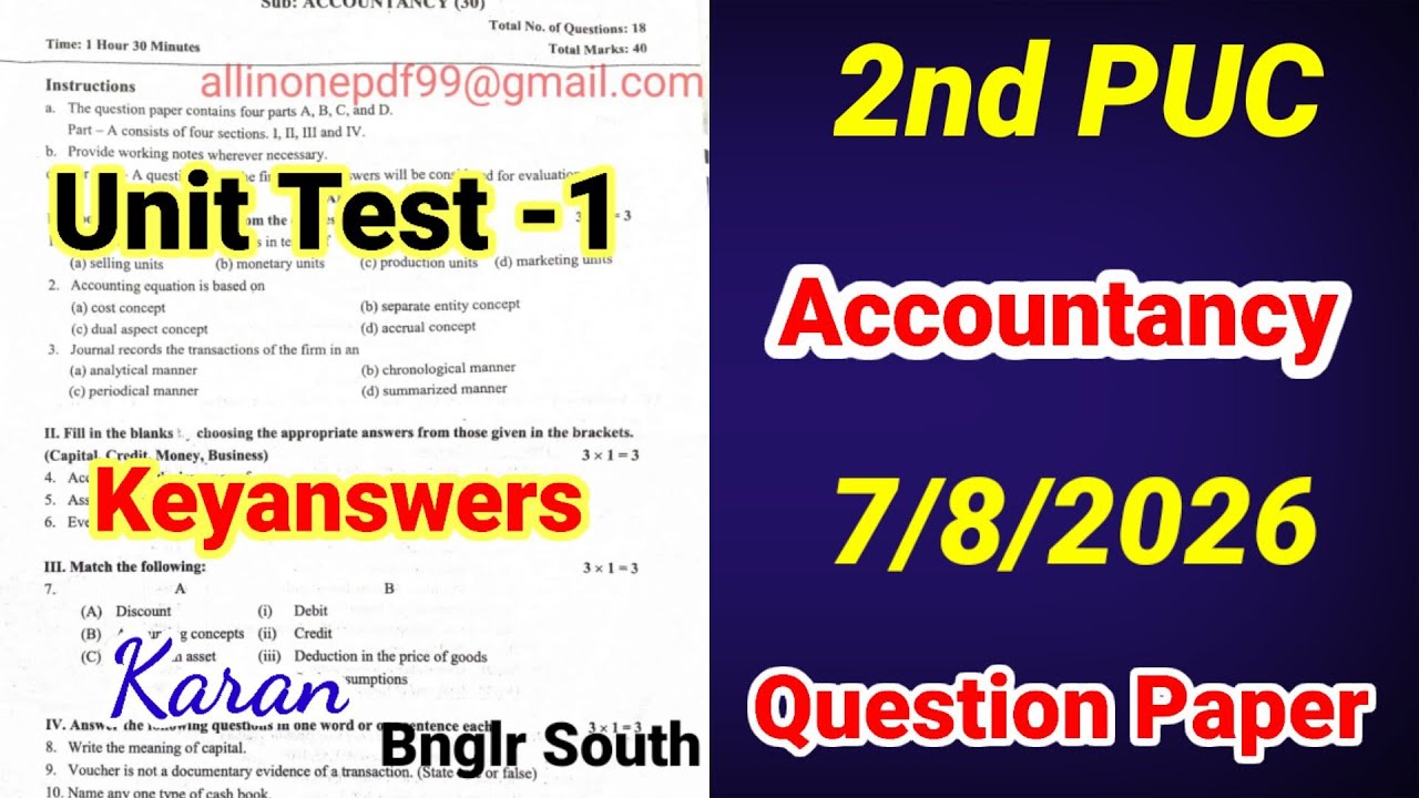  2nd PUC Accountancy Unit Test 1 Question Paper 2026 with Answers