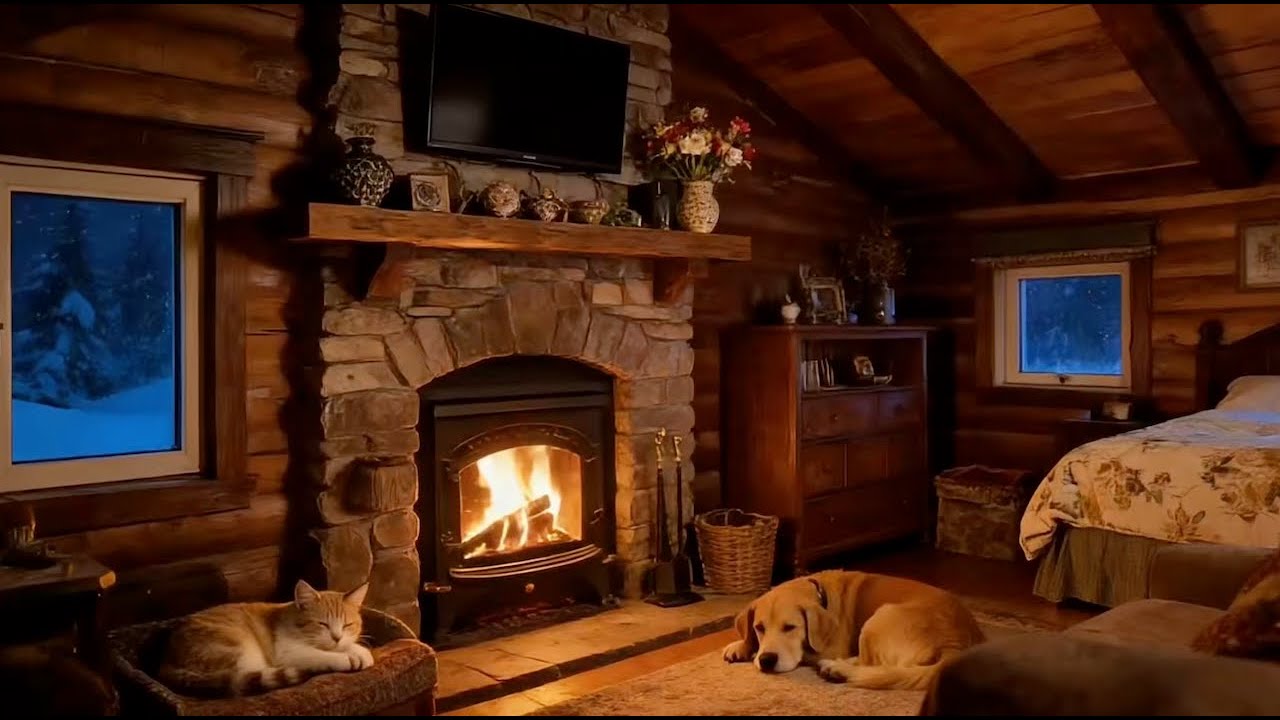Warm Log Cabin Night by the Fireplace | Snowstorm Window Ambience for Sleep