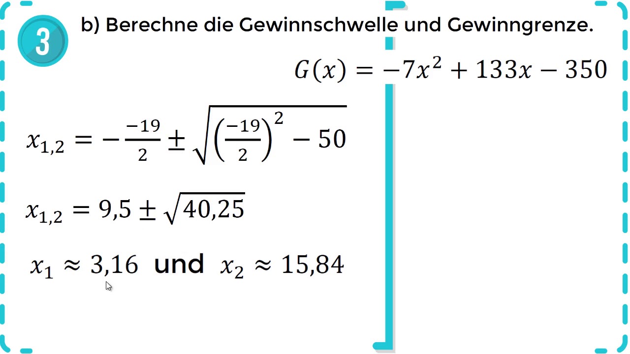 Erlöse, Kosten und Gewinn im Angebotsmonopol - Quadratische Funktionen E(x), K(x), G(x) - Übung 5