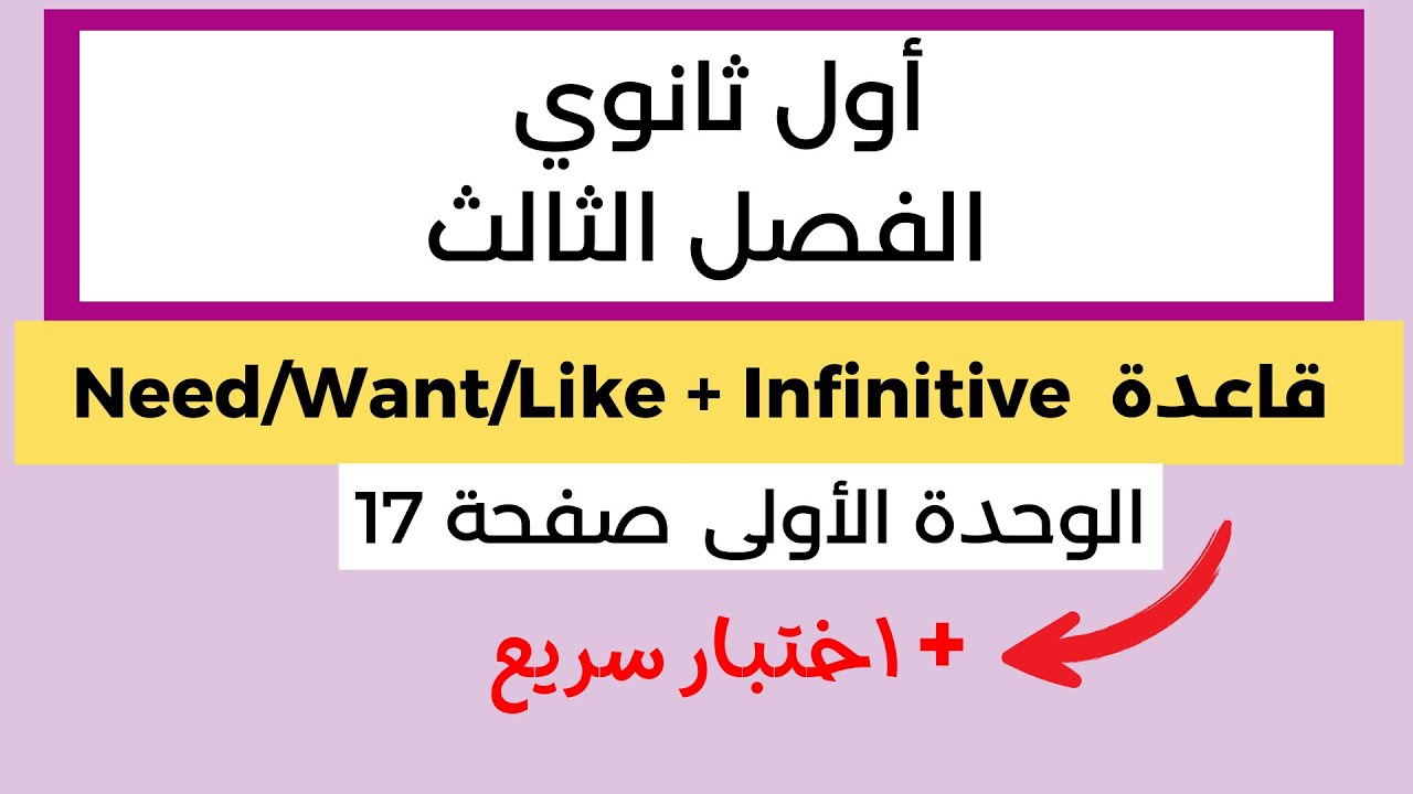 Need/want/like + Infinitive قواعد انجليزي الفصل الثالث شرح | mega goal 1.3 | اول ثانوي