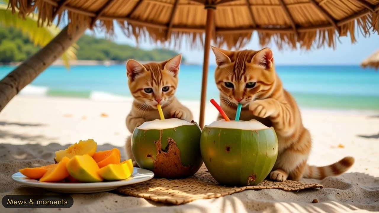 Mama Cat & Kitten’s Beachside Adventure. Kitten Plays with Jellyfish Heartwarming Underwater Moments