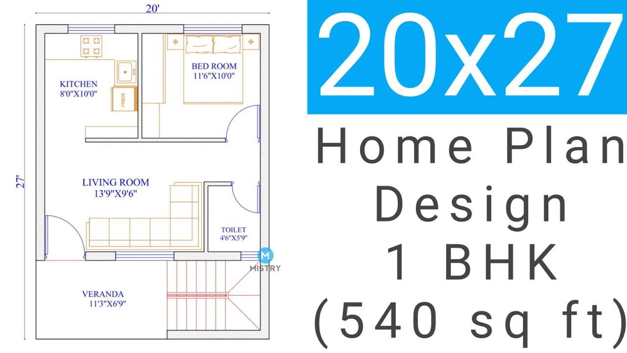 20x27 home plan | 1 BHK | 540 Sq.ft. |