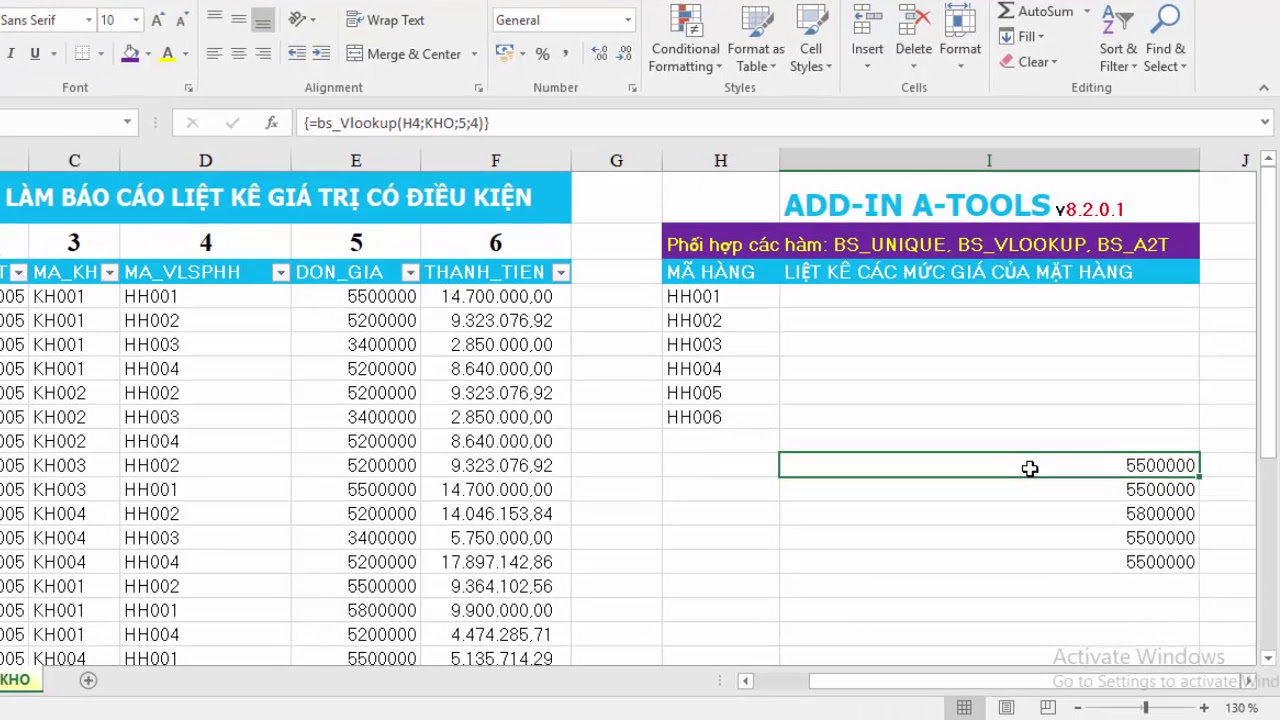 Hướng dẫn làm báo cáo liệt kê giá trị theo nhiều điều kiện trong Excel và A-Tools 8.2.0.1