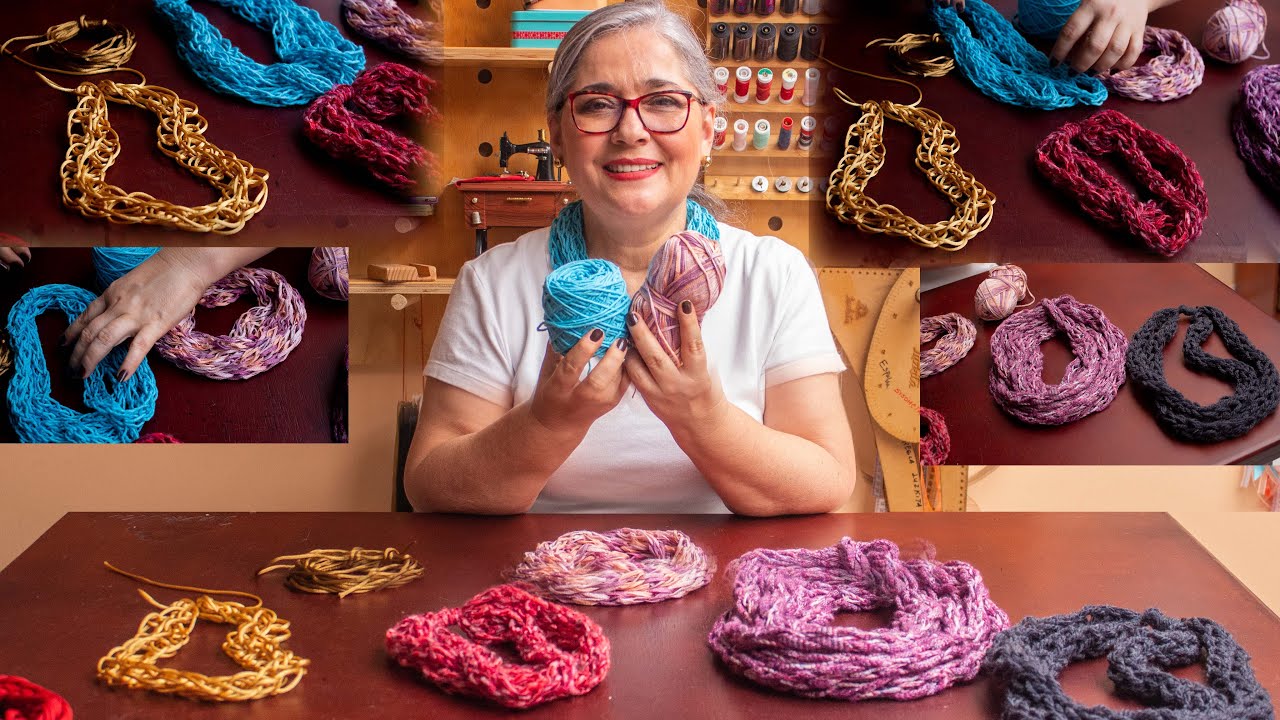 Como hacer un collar, bufanda, cuello, pulsera ,  tejiendo con los dedos