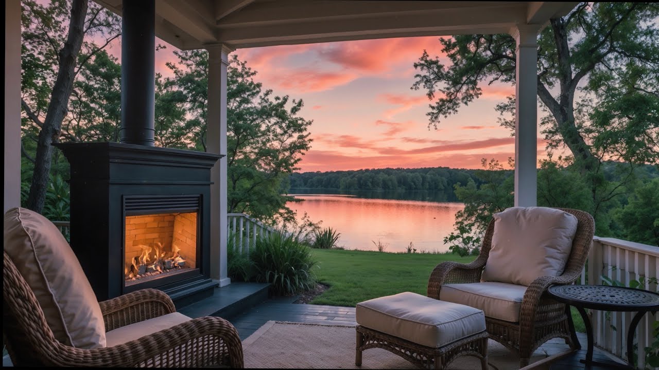 🔥 Spring Sunset Fireplace by the Lake | Cozy 1 Hour Ambience 🌅🌿