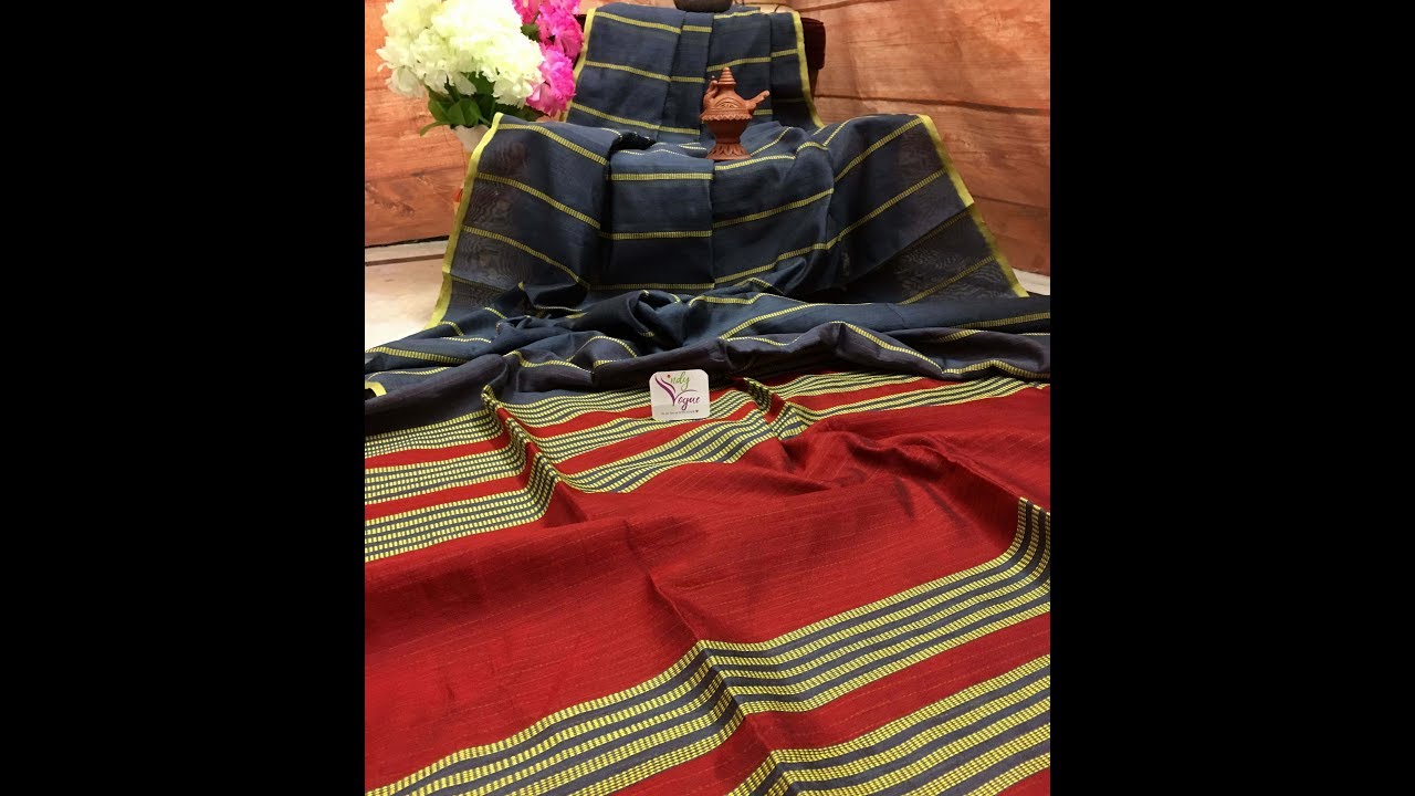 Dark Slate Gray and Brick Red Color Handloom Saree