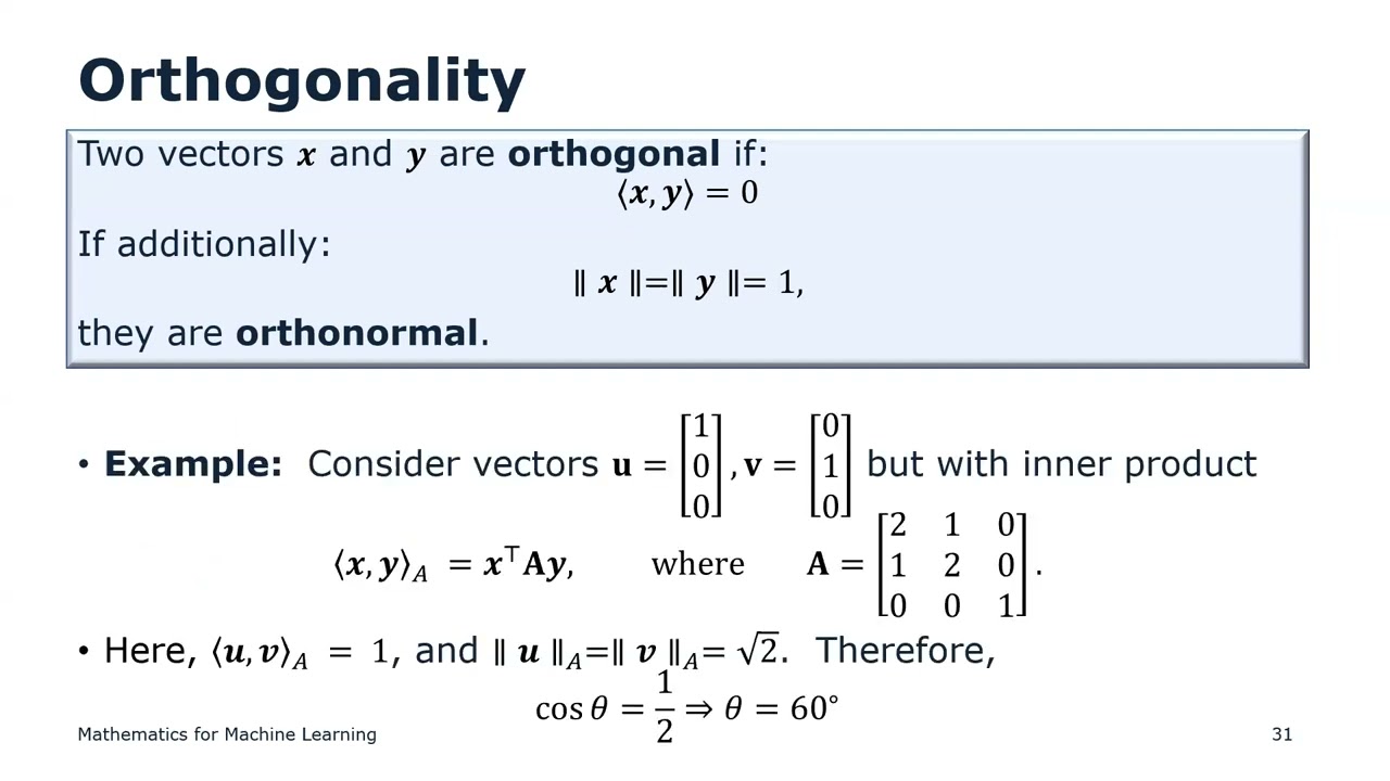 Mathematics for Machine Learning:  Section 3.4: Angles and Orthogonality