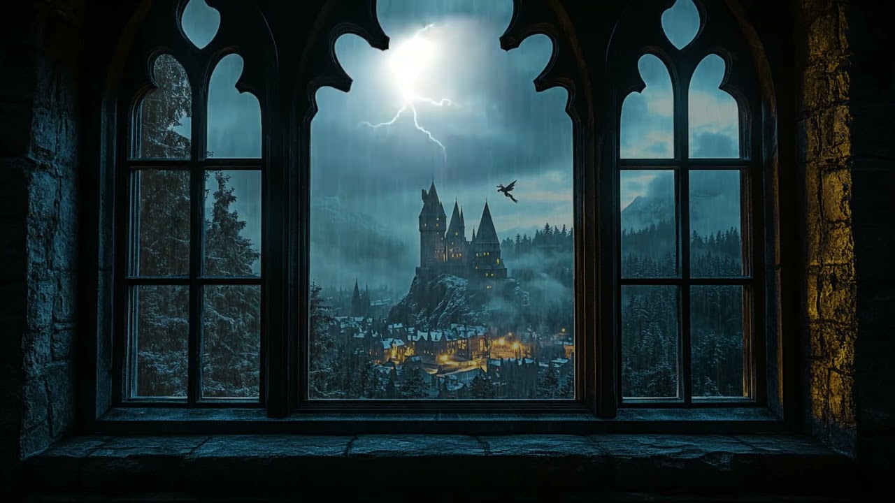 Mystic Castle Window During Heavy Rain, Calming Night Ambience for Sleep and Meditation