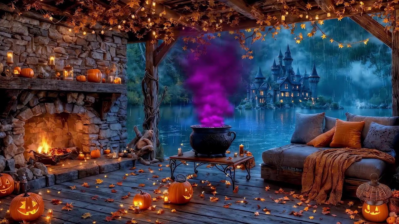 Cozy Halloween Night Ambience 🎃 Crackling Fireplace & Rain  | Relax & Sleep ASMR Sounds ✨