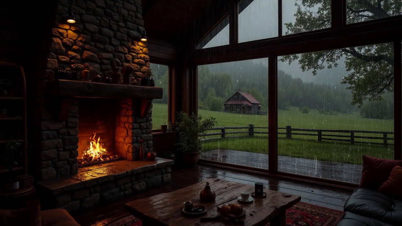 The Sound of Rain Outside a Warm Wooden Cabin 🔥 Soft Rain Sounds & Fireplace Crackling For Sleep