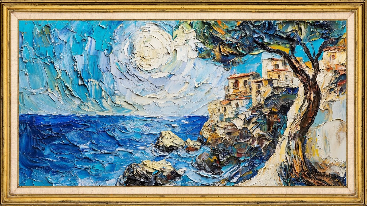 Mediterranean Coastal Painting in Thick Oil Texture | 2 Hours Relaxing TV Frame Art Screensaver