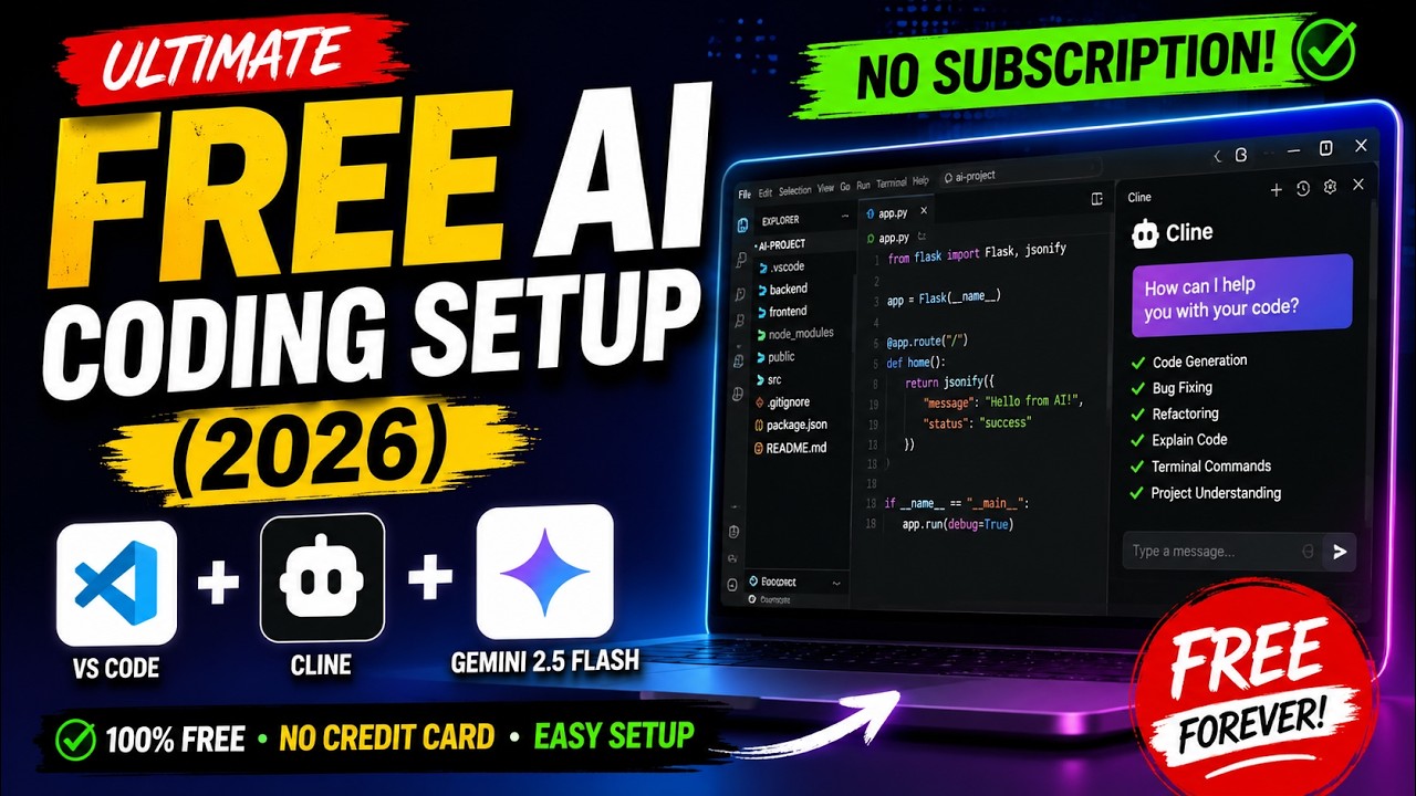 Лучшая БЕСПЛАТНАЯ настройка ИИ для программирования (2026) | VS Code + Cline + Gemini 2.5 Flash