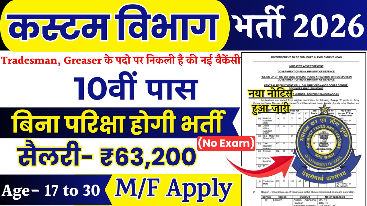 Custom Recruitment 2026 Notification | Custom Dept New Vacancy 2026 | Bharti April Jobs | 10th Pass