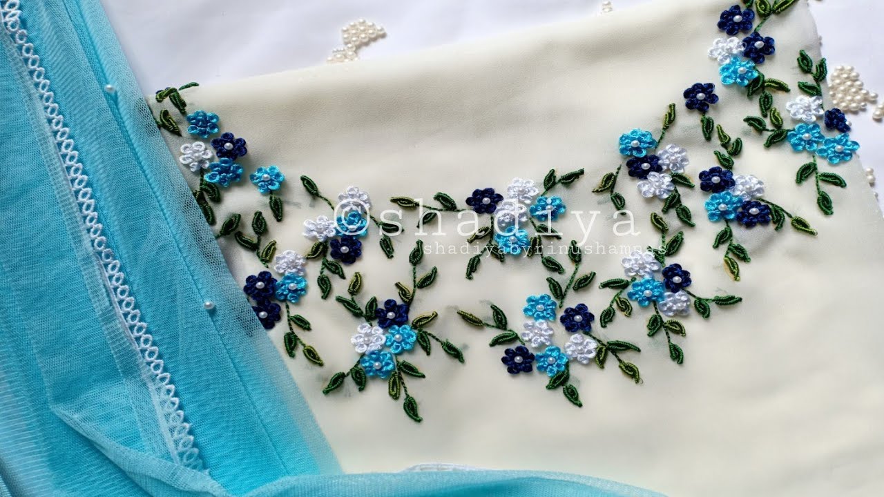 Hand embroidery ring knot flower neck design for kurti salwar|embroidery neckline