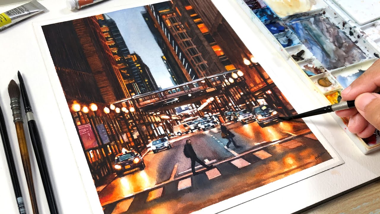Watercolor Painting of Night City