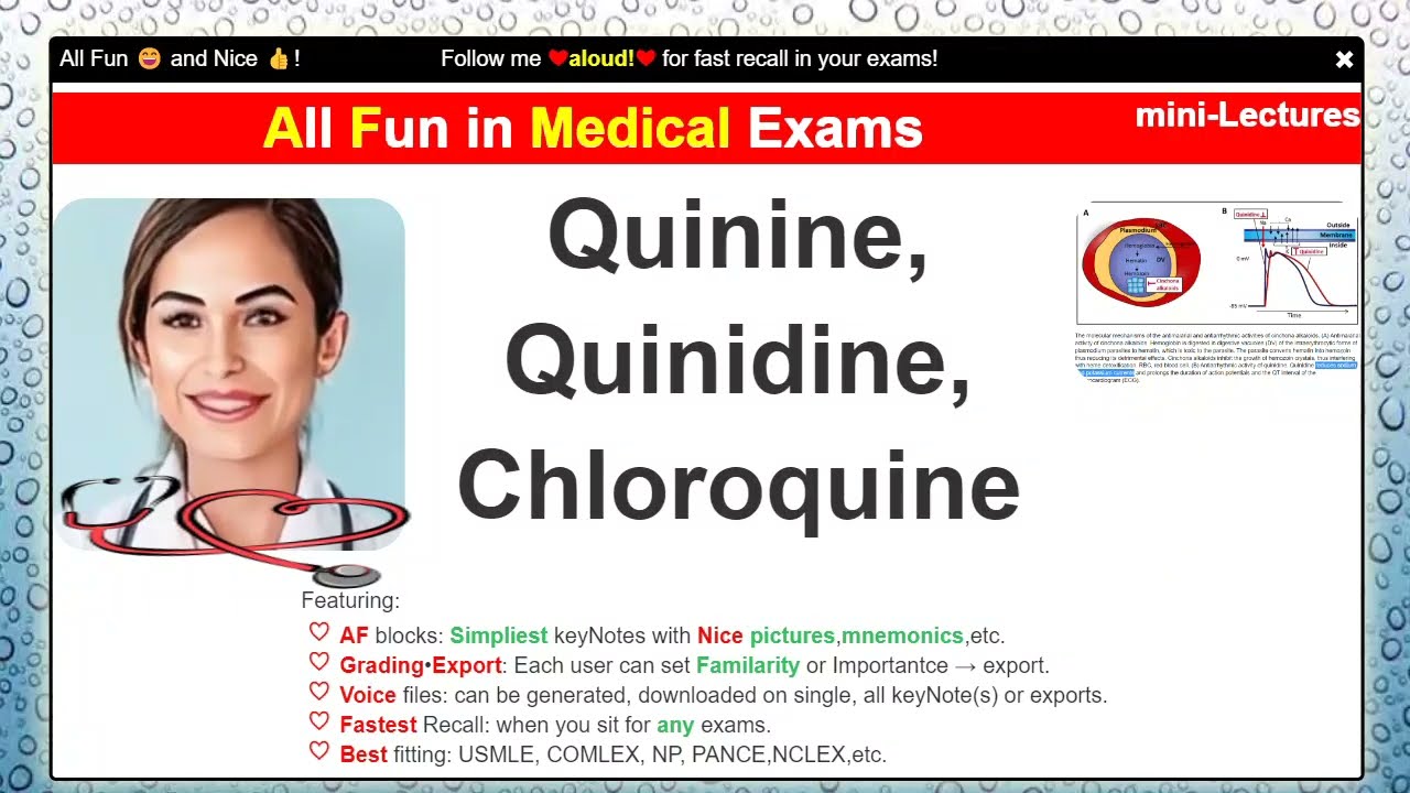 Quinine Quinidine Chloroquine -Med Review exams, keynotes+Mnemonics for USMLE COMLEX NP PANCE NCLEX