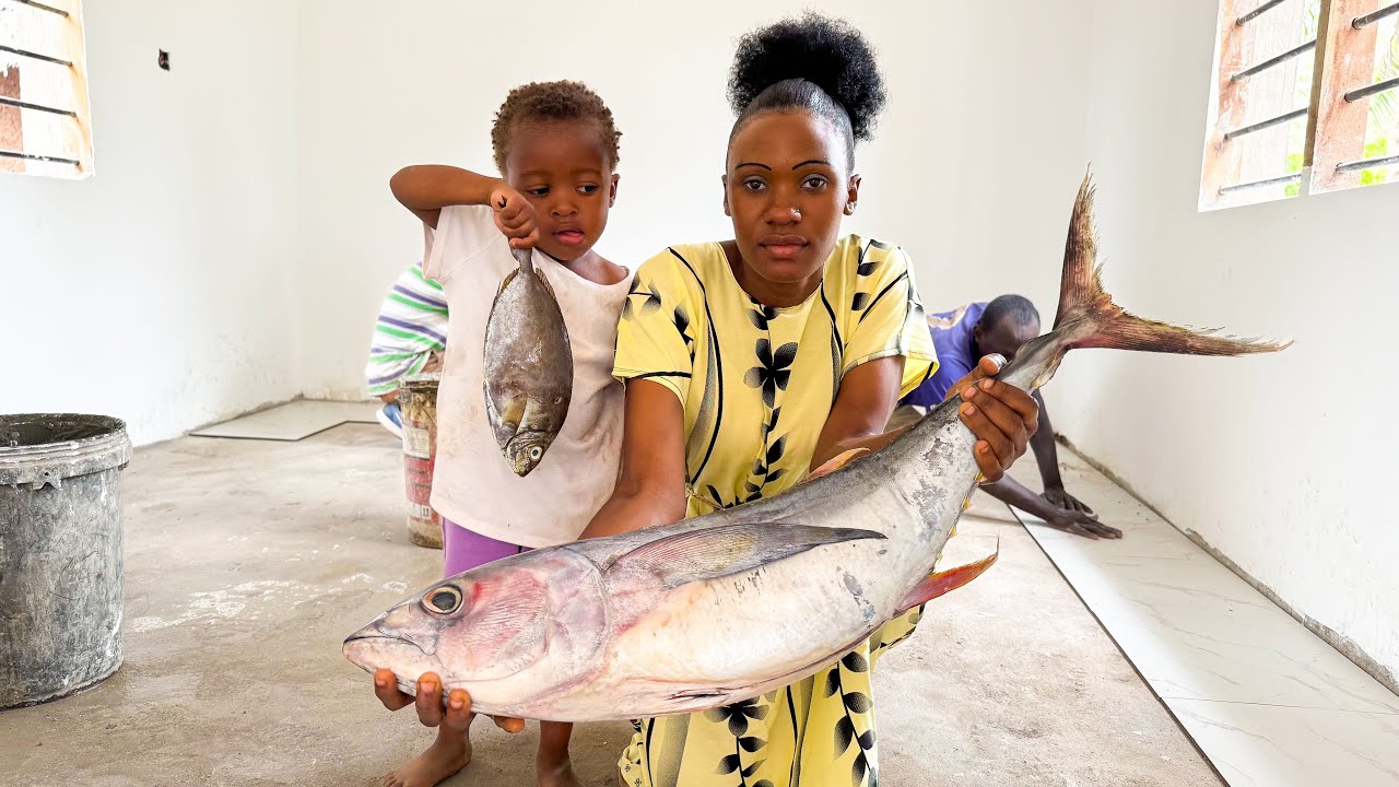 Installing Tiles🧱 + 100-Pound Big Tuna Fish🐟🔥| Cutting & Cooking Tuna Steak in the African Village🌿
