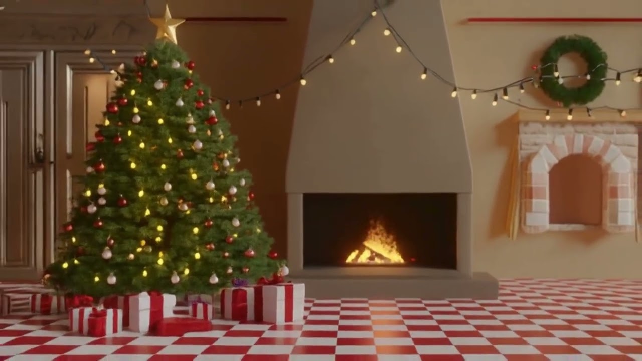 Cozy Wallpaper with Christmass Tree and Fireplace for TV