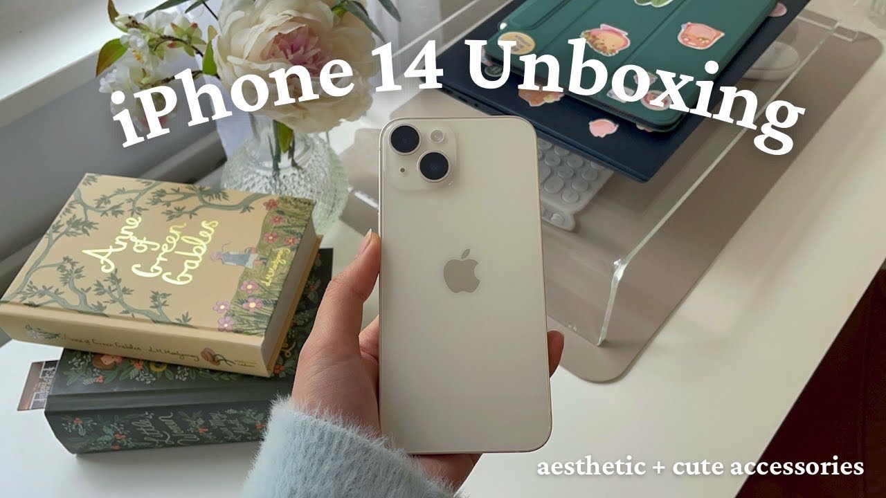 iPhone 14 Starlight (128 GB) aesthetic unboxing 🫧 + cute accessories 🤍