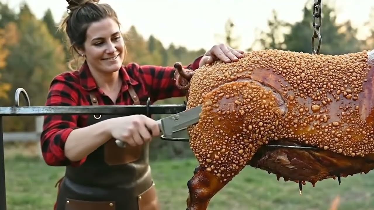 how to grill pig at forest with girl with nature air fresh
