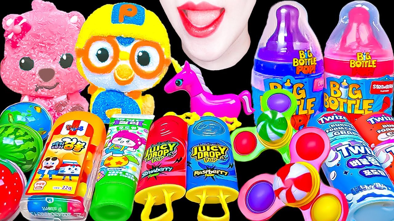 ASMR CANDY MUKBANG 다양한 캔디 먹방 SPINNER POP BOTTLE POP UNICON PORORO 스피너팝 보틀팝 유니콘 뽀로로 루피 마시멜로 EATING