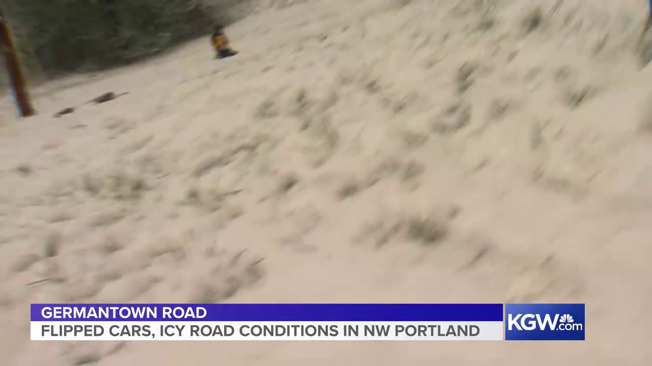 Flipped cars, icy road conditions on Germantown Road in Northwest Portland (Part I)