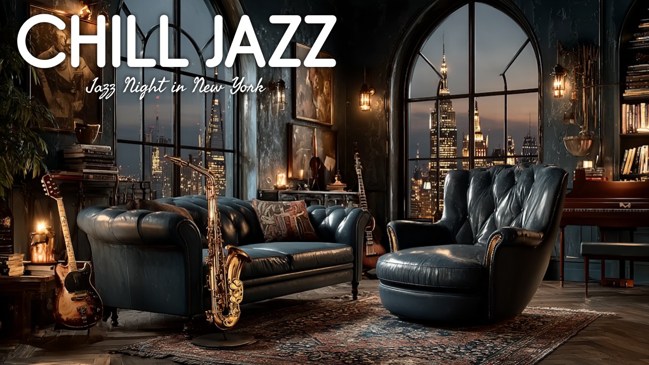 Penthouse Jazz Night — Relaxing Instrumental Music & Crackling Fire in NYC Loft