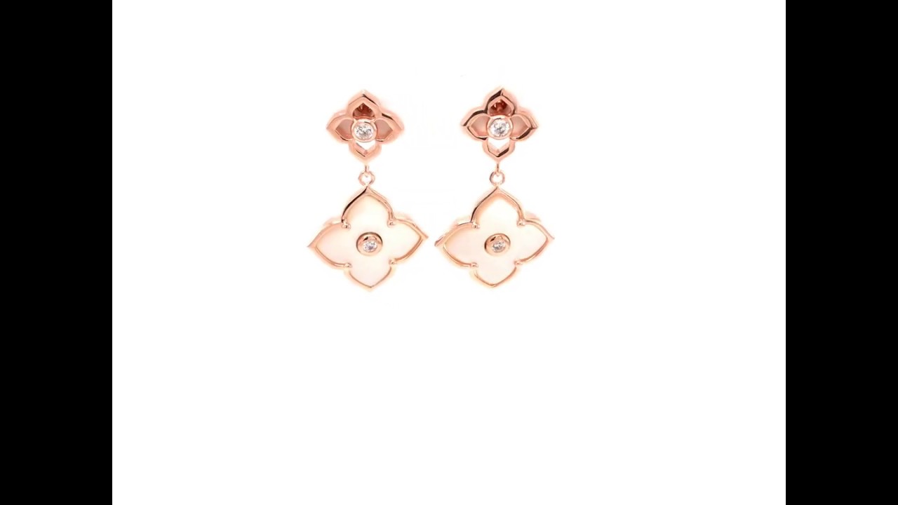 Lavari - White Mother of Pearl Dangling Huggie Flora Earrings with Rose Gold Plating