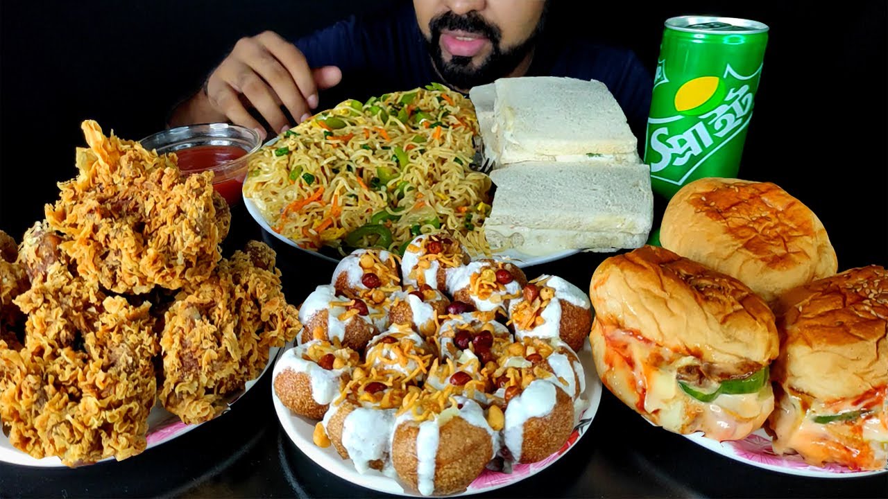 CHICKEN CHEESE BURGER🔥, KFC CHICKEN FRY, DAHI FUCHKA, VEG NOODLES, VEG SANDWICE ASMR MUKBANG EATING|