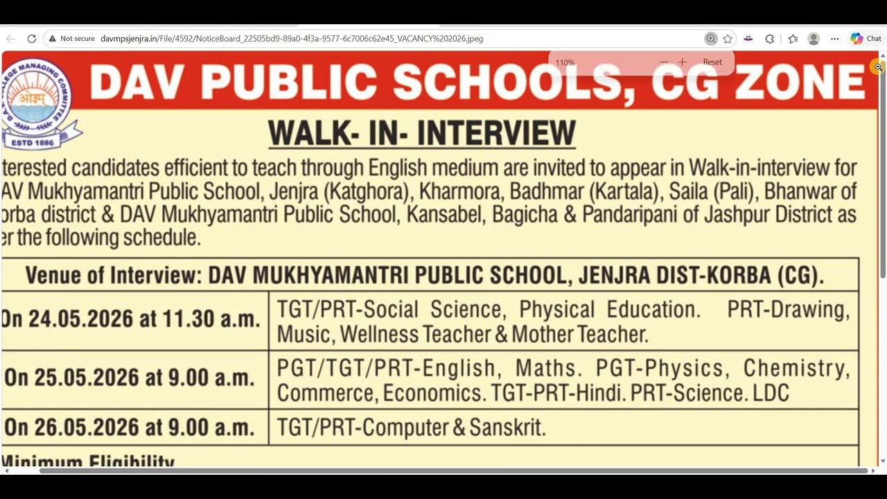 8 D.A.V. SCHOOLS DIRECT WALK IN INTERVIEW FOR TEACHERS VACANCY 2026
