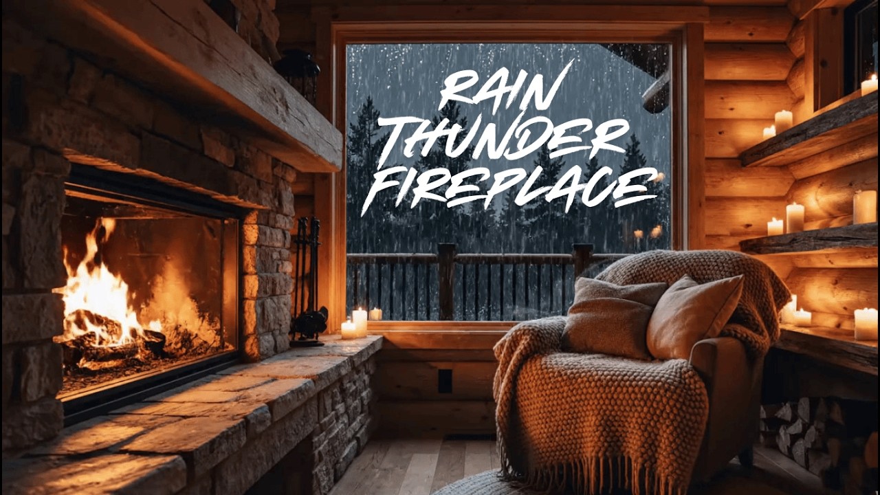Cozy Cabin Rain Thunder Fireplace - Relaxing Storm Sounds for Deep Sleep