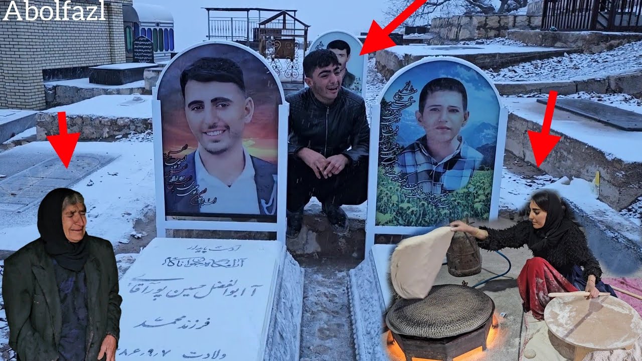 Tears and resentment at the graves of loved ones accompanied by snowfall