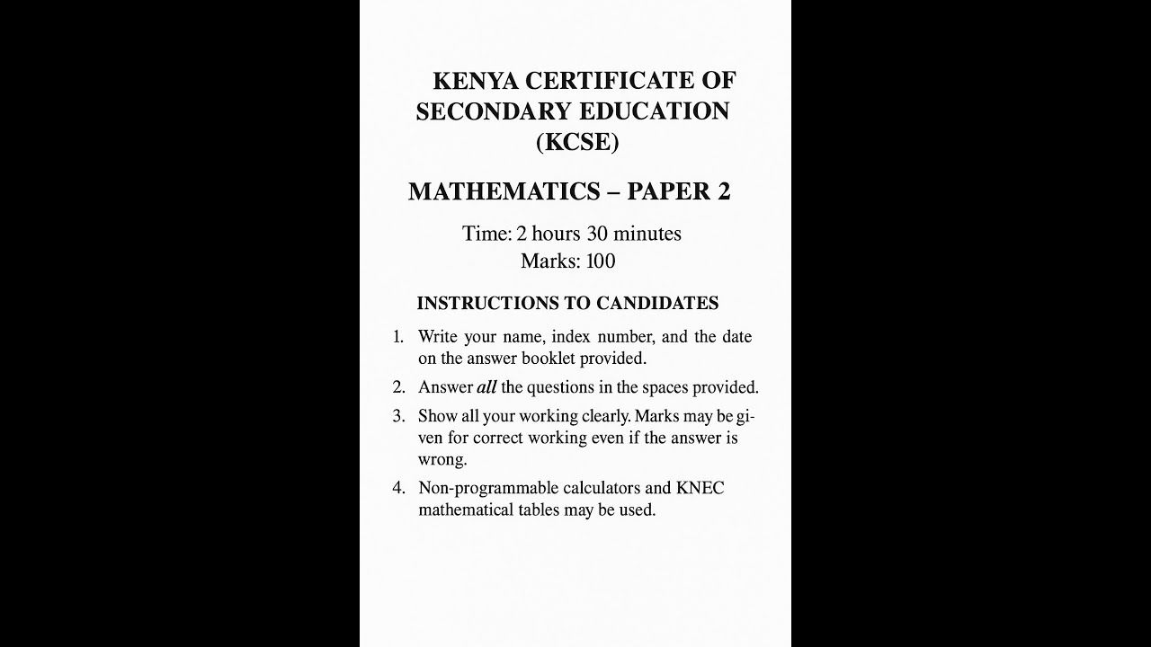 Предполагаемый экзаменационный лист по математике KCSE, часть 2, март 2026 г.