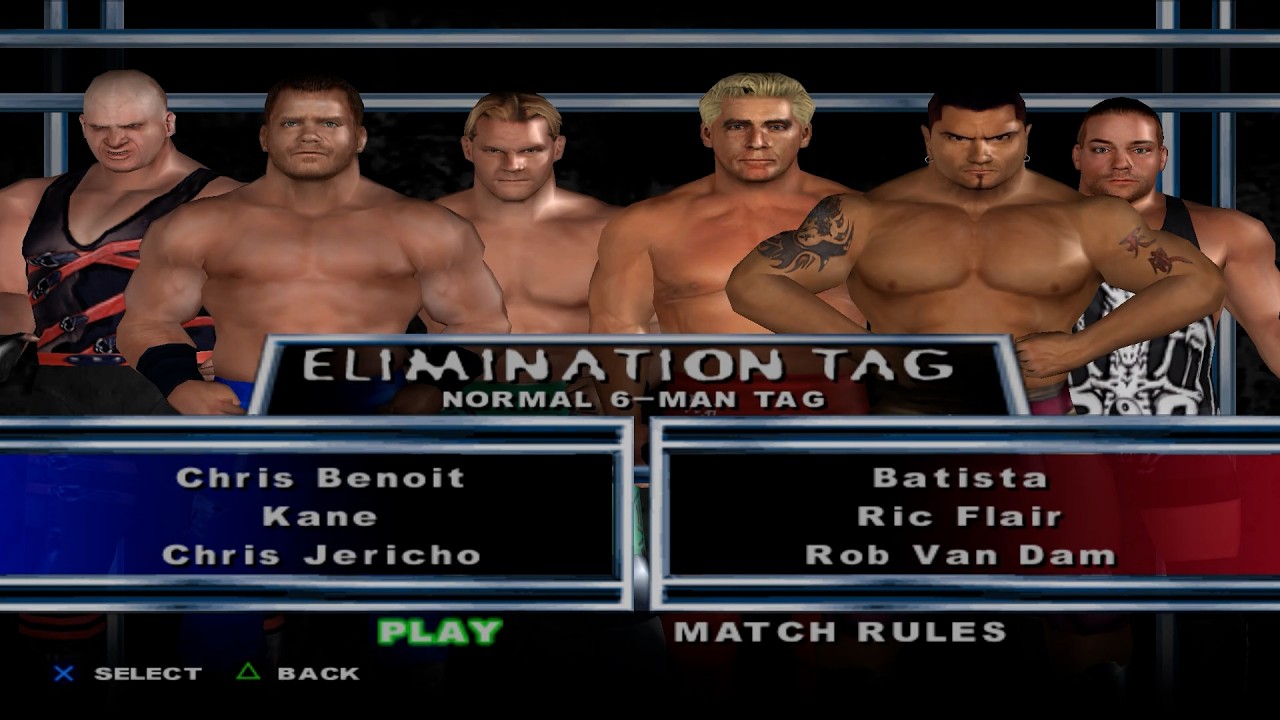 WWE SmackDown! HCTP - ChrisBenoit,Kane,ChrisJericho VS Batista,RicFlair,RVD (ELIMINATION TAG)