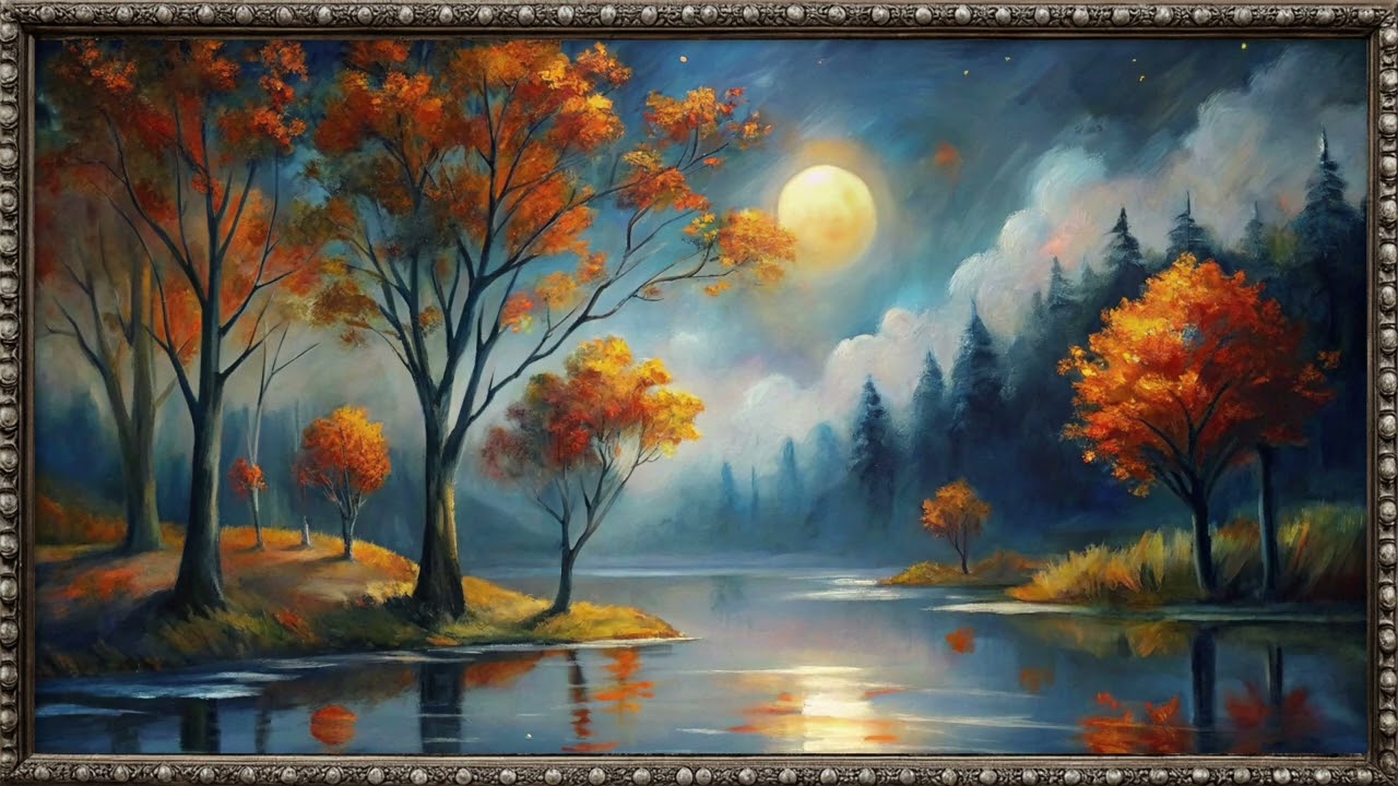 Autumn Forest Hills 2 – Lake Moonrise | Vintage Framed Painting for TV | Samsung 4k