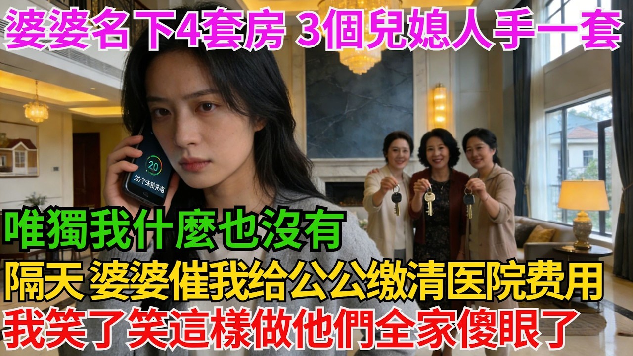 婆婆名下4套房 3個兒媳人手一套 唯獨我什麼也沒有隔天 婆婆打來20個電話催我「你公公的800萬癌症化療費記得去結賬！」我笑了笑這樣做他們全家傻眼了【阿馨夜讀】#故事分享#情感#婆媳矛盾#AA制