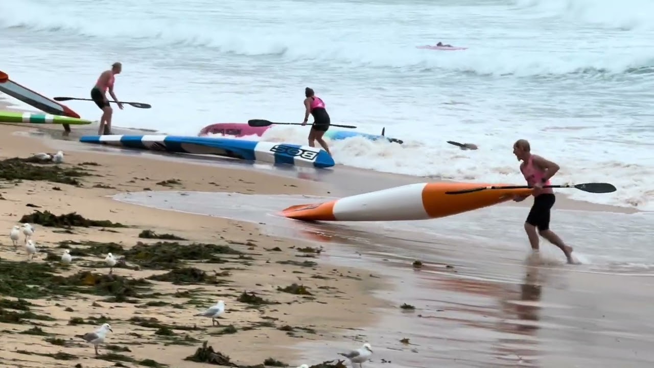 Wamberal Beach Surf Club paddlers. Surf skis. Difficult starts and finishes. Incoming tide. 
