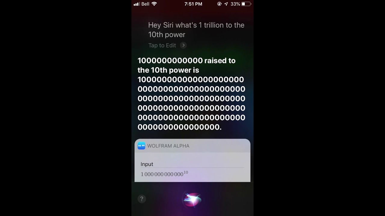 Asking Siri what is 1 trillion to the 10th power