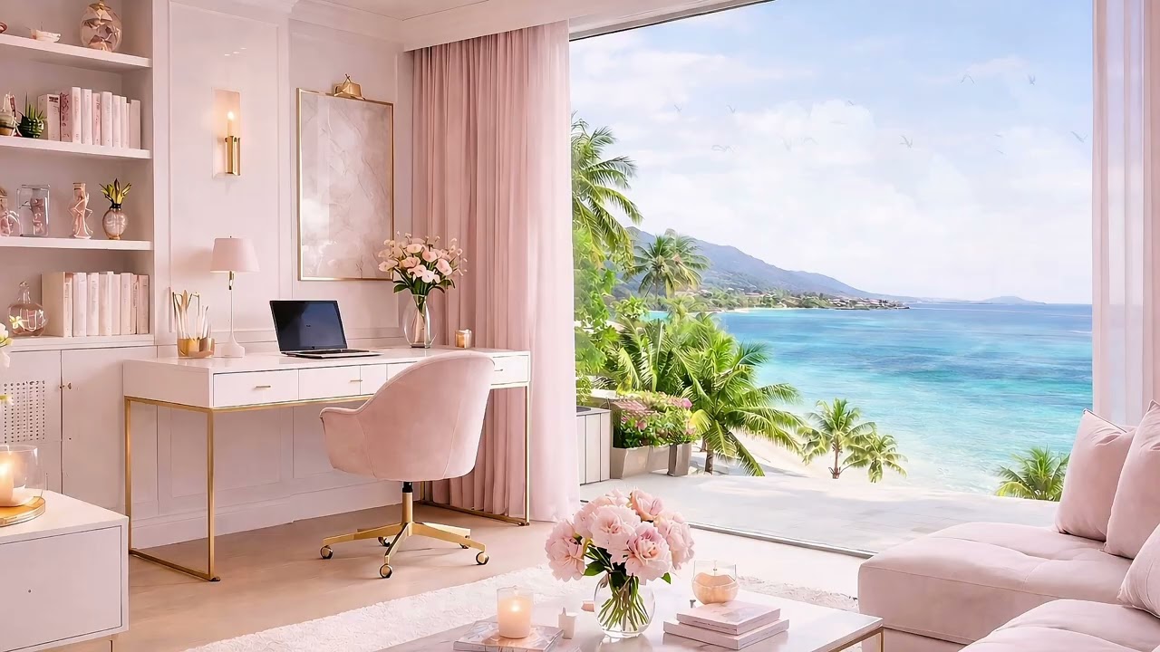 Work in Paradise 🌴 Stylish Beachfront Office Ambience | Soft Sounds & Ocean Waves for Deep Focus✨