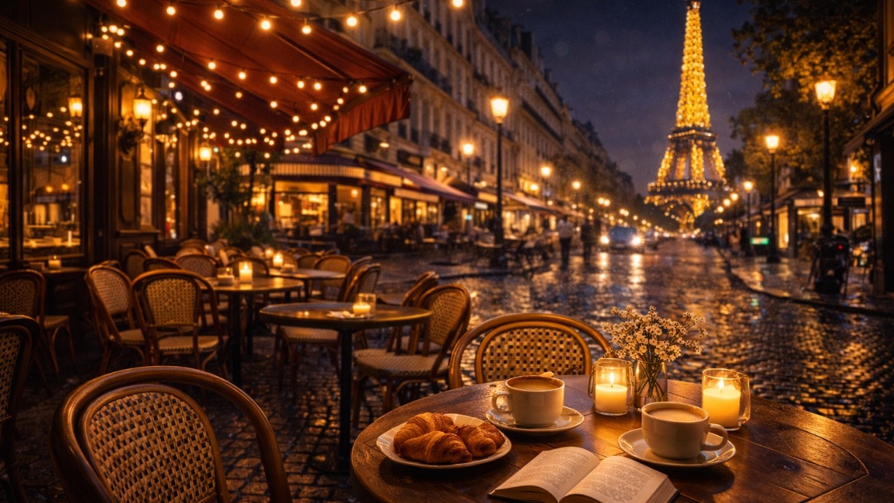 Paris Night Cafe Jazz ☕ Eiffel Tower Terrace Ambience | Relaxing French Cafe Music for Study & Sleep