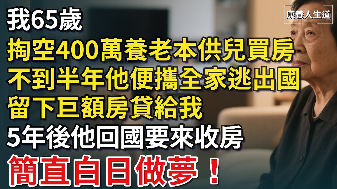 我65歲，掏空400萬養老本給兒買房，不到半年他便攜全家逃出國，留下巨額房貸給我，5年後他回國要來收房，簡直白日做夢！​【康養人生道】 #康養人生道 #上了年紀該明白的事 #養老 #聰明老人#晚年幸福