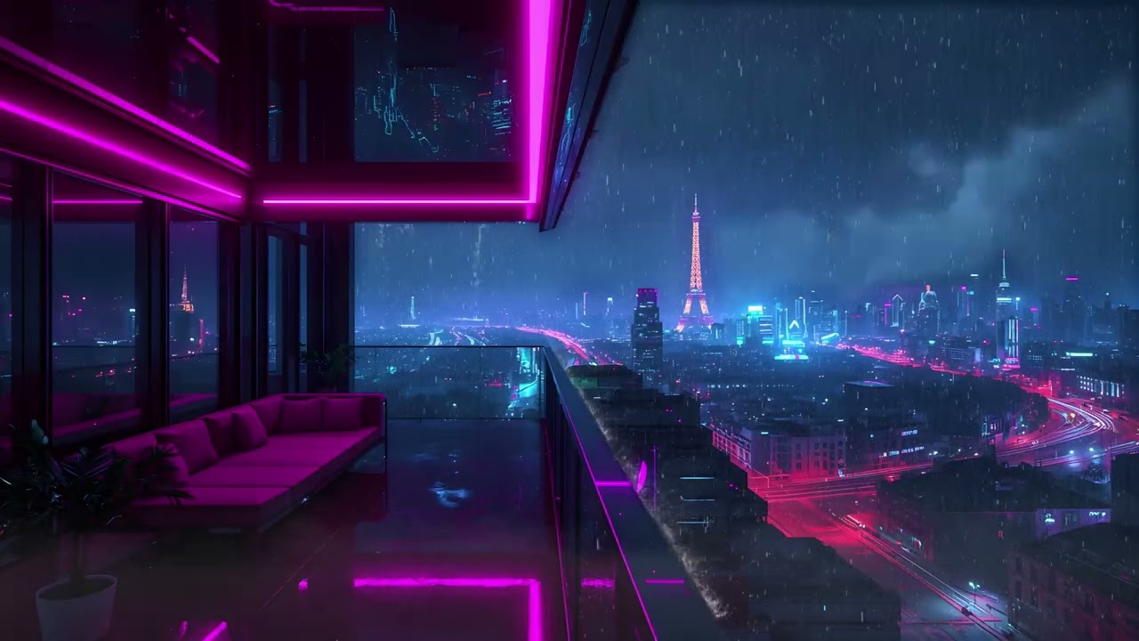 Lofi Rainy Nights 🌧️ – Cozy Rainy Night on a Neon Balcony in Paris for Study, Relax & Sleep | 4K
