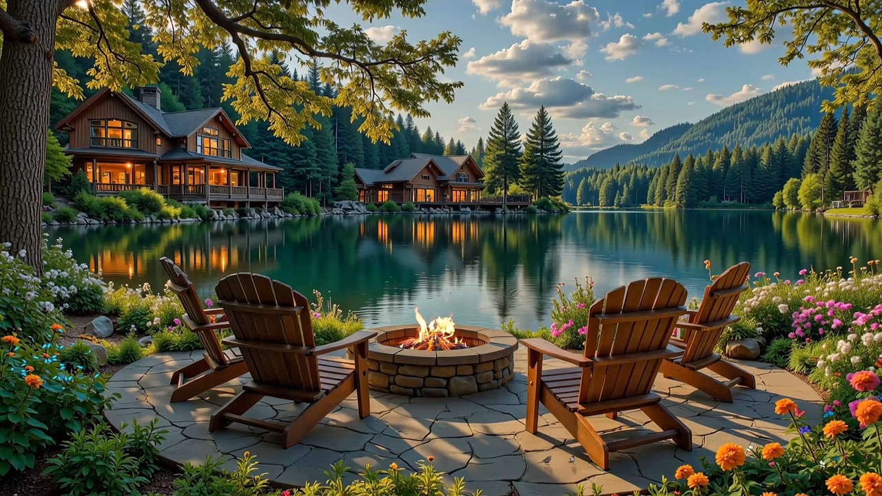 Soothing Spring Piano by the Lake 🌺🌿 Cozy Cabin Fireplace with Birdsong for Relaxing, Working