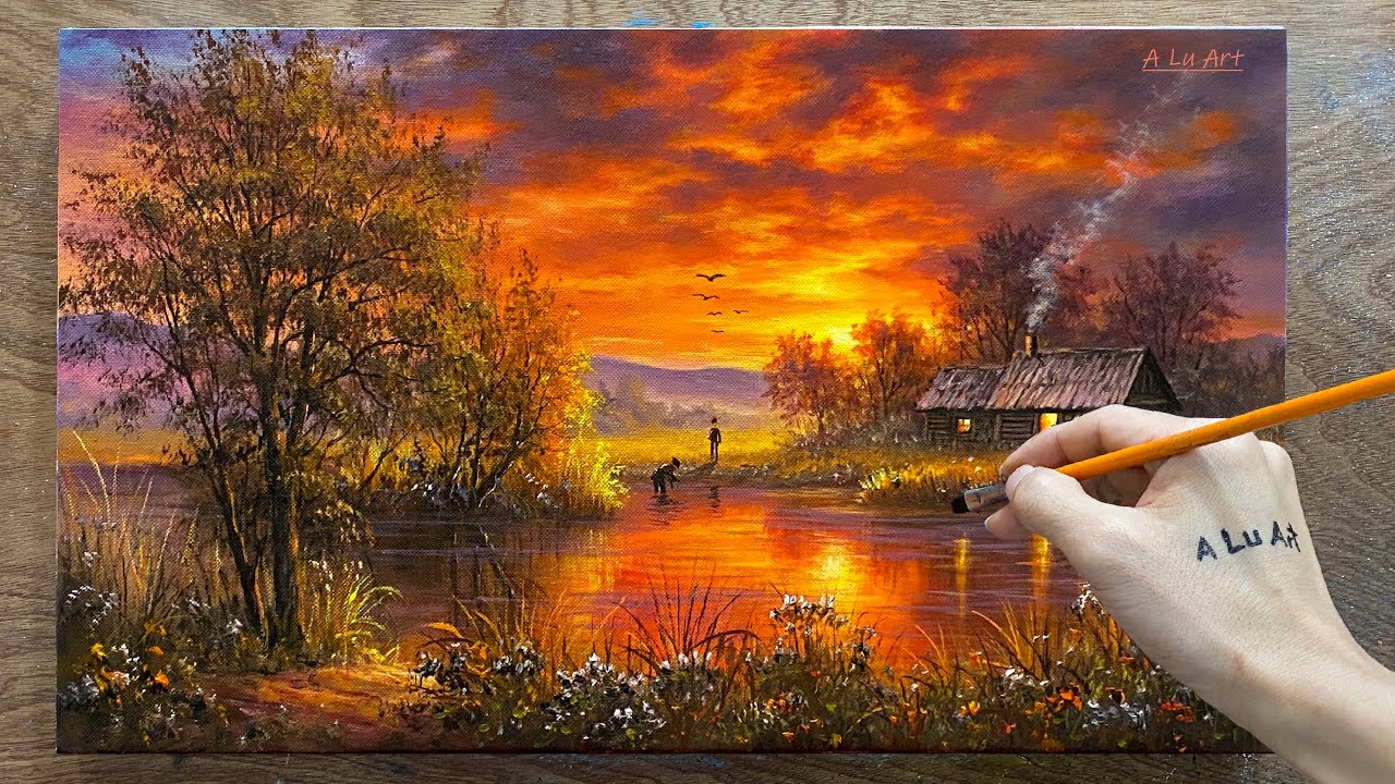 Draw a landscape with a vibrant red sunset sky /#83/ Acrylic painting / A Lu Art.