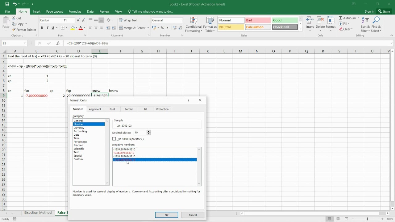 False Position Method Using MS Excel