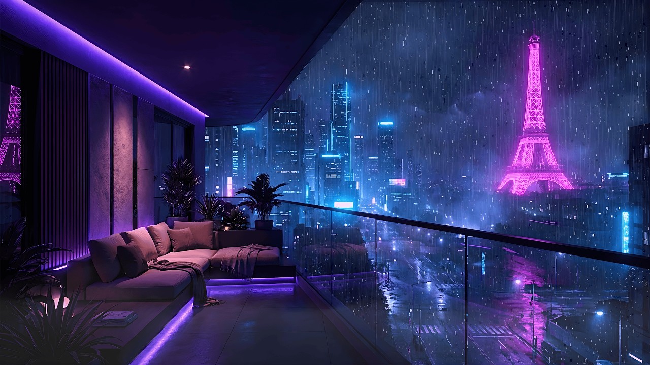 Lofi Rainy Nights 🌧️ – Rainy Cyberpunk Paris Highrise Balcony Vibes place for Deep Work  4K