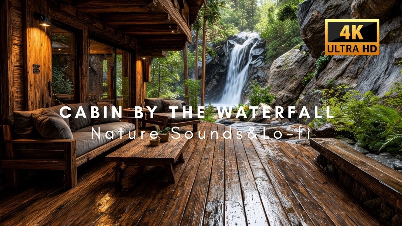 Relaxing Waterfall Sounds in a Forest Cabin 🌿 Birds & Soft Lofi | 3 Hours Nature Ambience for Sleep