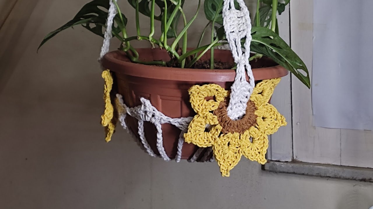 Suporte girassol em crochê para vaso de planta/Inocência